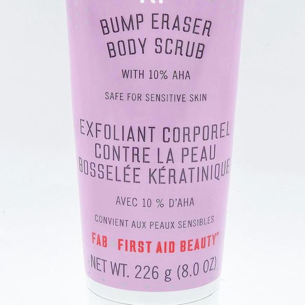 First Aid Beauty KP Bump Eraser Body Scrub, 8 oz, in a light purple tube with white and red text.