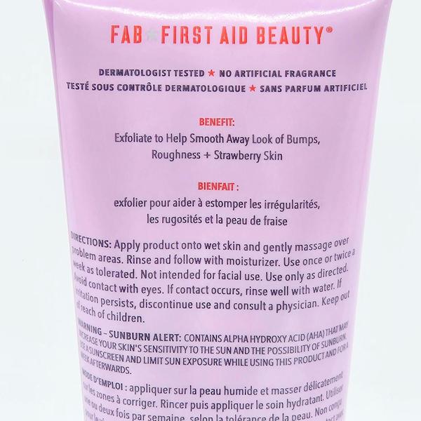 Pink First Aid Beauty KP Bump Eraser Body Scrub tube with product details and benefits.