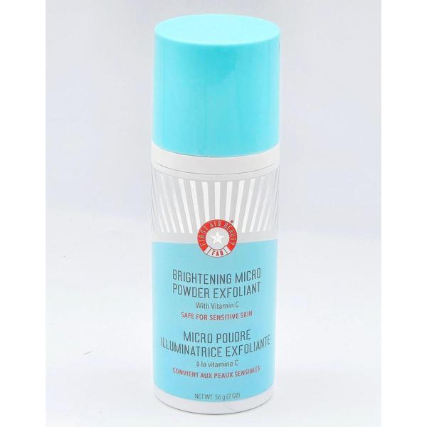 First Aid Beauty Brightening Micro Powder Exfoliant, a white bottle with a light blue cap and label.