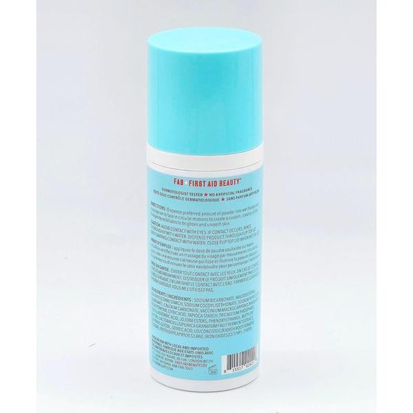 First Aid Beauty Brightening Micro Powder Exfoliant 2 oz, white bottle with a light blue cap, showing product details.