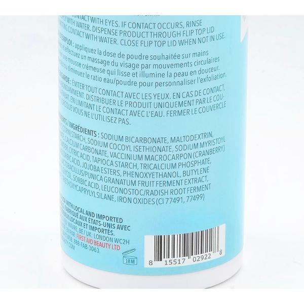 Close-up of First Aid Beauty Brightening Micro Powder Exfoliant bottle, showing ingredients and barcode on light blue label.