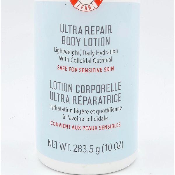 First Aid Beauty Ultra Repair Body Lotion, 10 oz white bottle with red and black text.