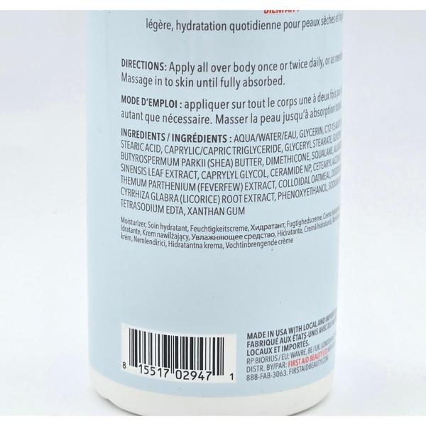 Back of First Aid Beauty Ultra Repair Body Lotion, 10 fl oz, showing ingredients and directions.
