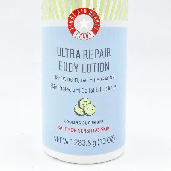 First Aid Beauty Ultra Repair Cucumber Body Lotion, light blue bottle with green and white label, 10 fl oz.