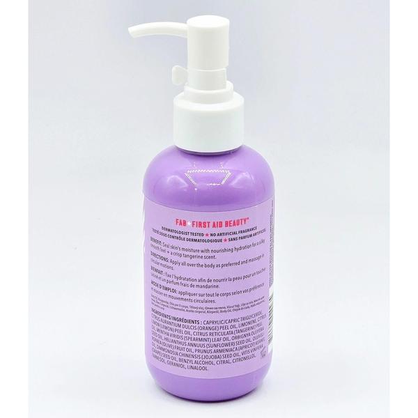 First Aid Beauty After Shower Nourishing Body Oil in a purple pump bottle with white cap and label.