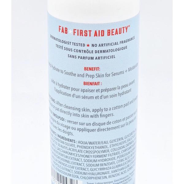 First Aid Beauty Hydrating Toner bottle, white label with red and black text, showing product benefits and ingredients.
