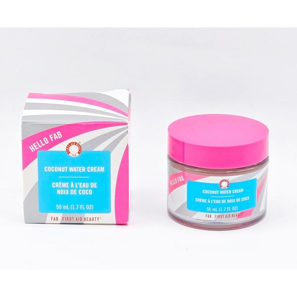 First Aid Beauty Coconut Water Cream 1.7 oz jar with pink lid and matching striped box.