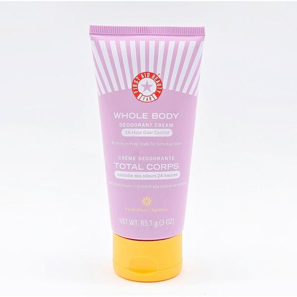 First Aid Beauty Whole Body Deodorant Cream, 3 oz, in a pink and white striped tube with a yellow cap.