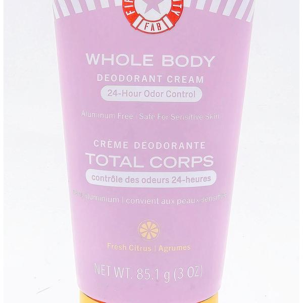 First Aid Beauty Whole Body Deodorant Cream, 3 oz, in a pink tube with white text and a citrus icon.