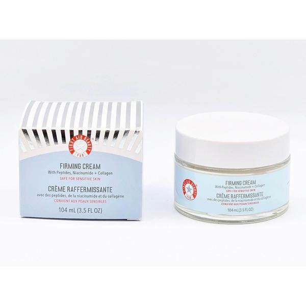 First Aid Beauty Firming Cream 3.5 fl oz jar and striped box with light blue labels.