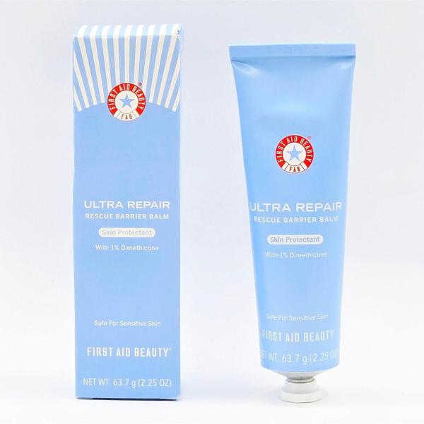 Light blue First Aid Beauty Ultra Repair Rescue Barrier Balm tube and striped box, 2.25 oz.