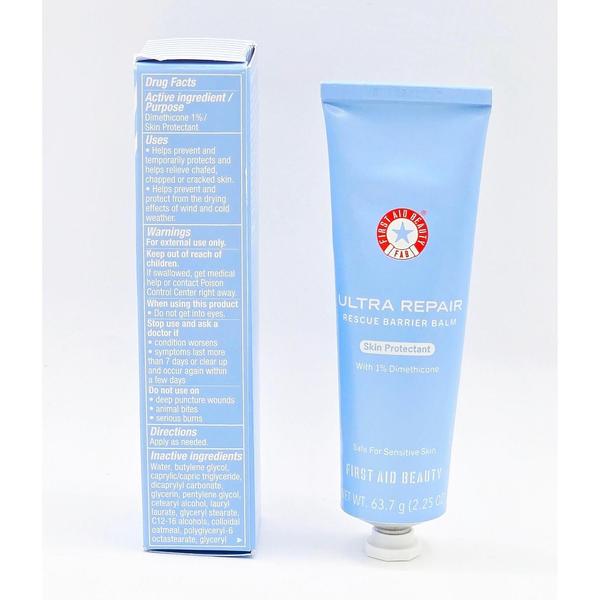 Light blue First Aid Beauty Ultra Repair Rescue Barrier Balm 2.25 oz tube next to its open box with drug facts.