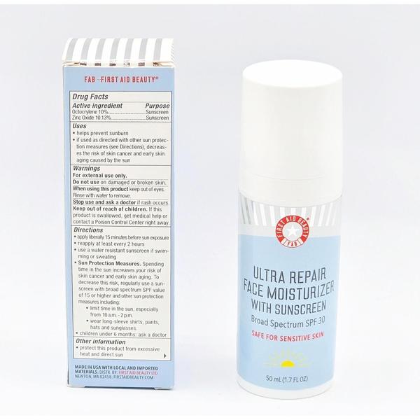First Aid Beauty Ultra Repair Face Moisturizer SPF 30, 1.7 fl oz, white bottle with red and blue label.
