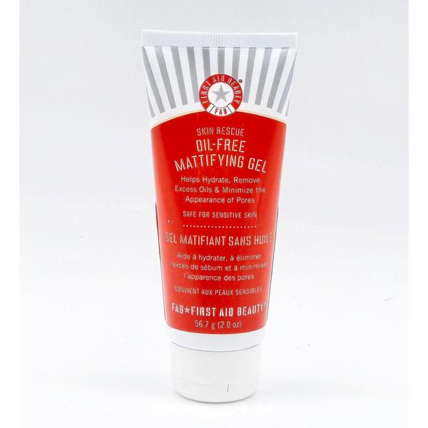 First Aid Beauty Skin Rescue Oil-Free Mattifying Gel in a red and white 2 fl oz tube.