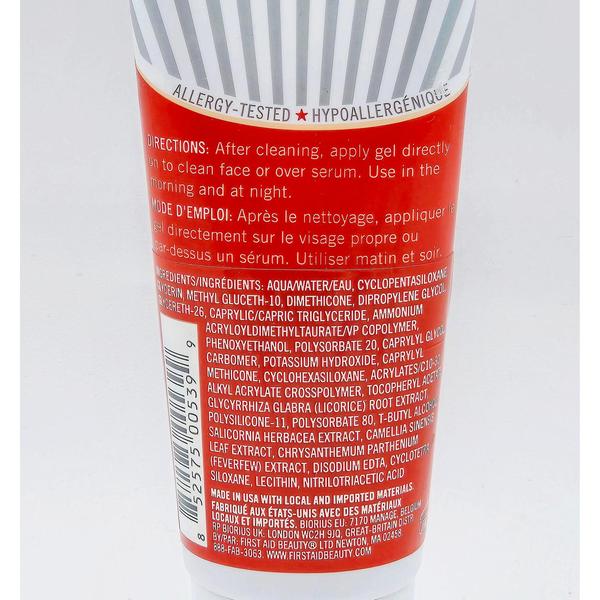 White First Aid Beauty Skin Rescue Oil-Free Mattifying Gel tube with red and black text, showing directions and ingredients.