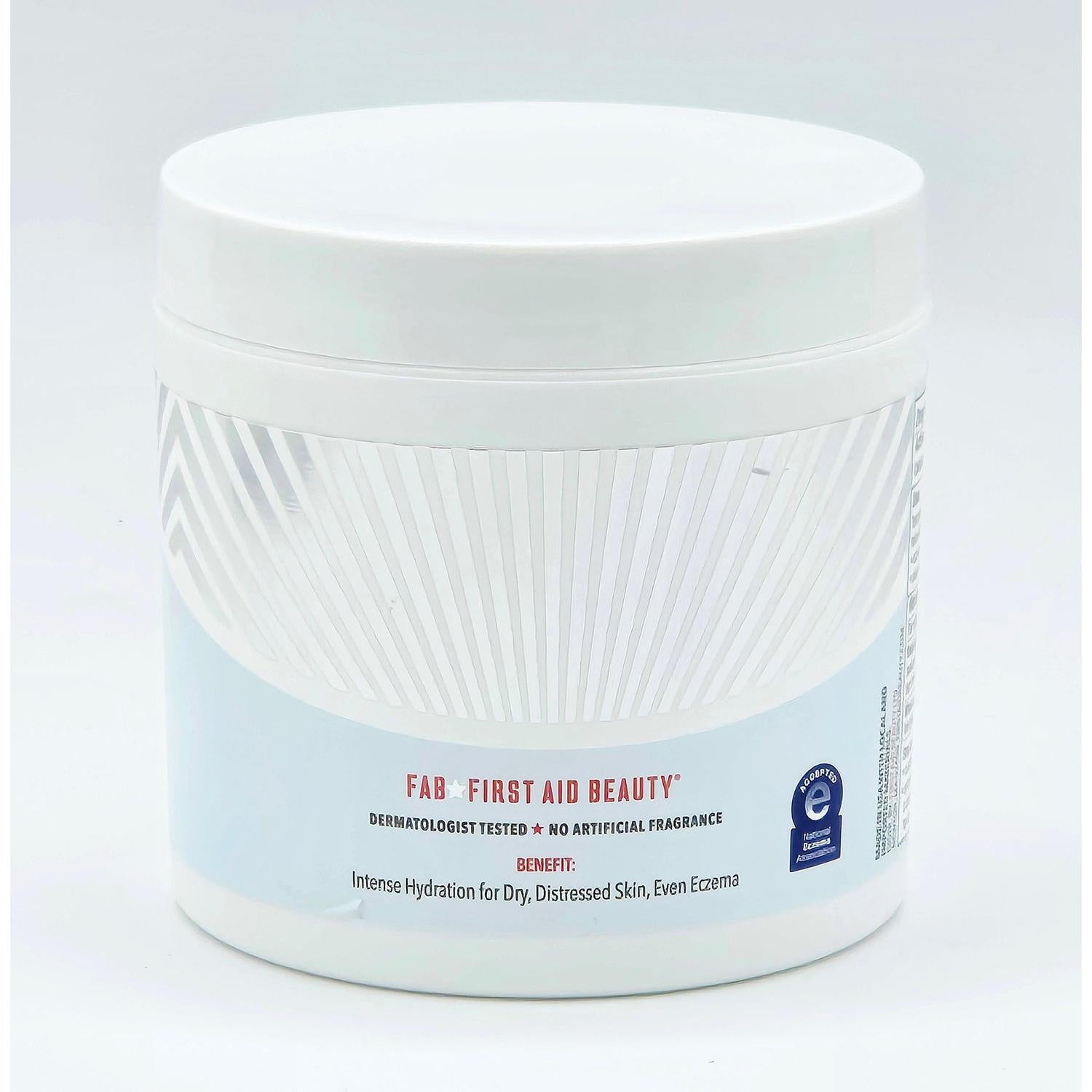 White First Aid Beauty Ultra Repair Cream 12 oz jar with blue label and "Intense Hydration" text.