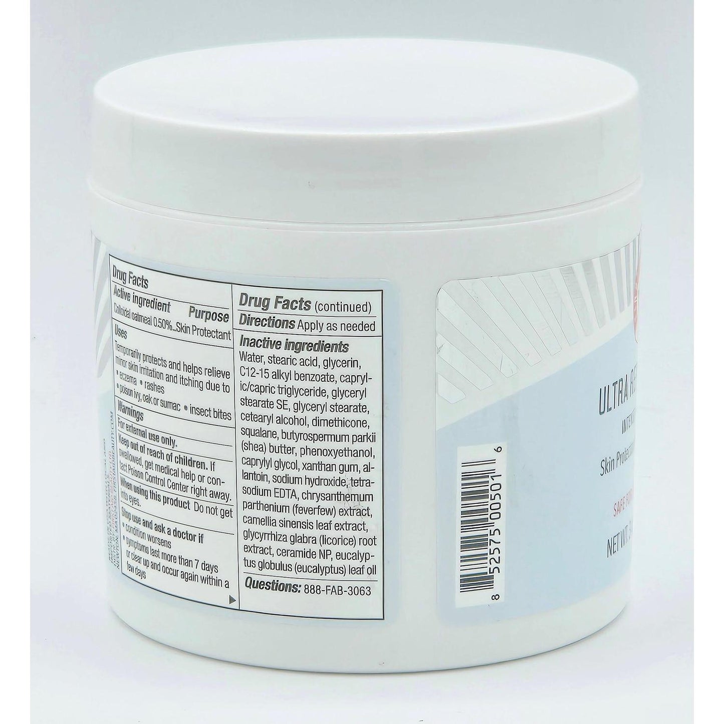 First Aid Beauty Ultra Repair Cream 12 oz jar, white with black text, showing drug facts and ingredients.