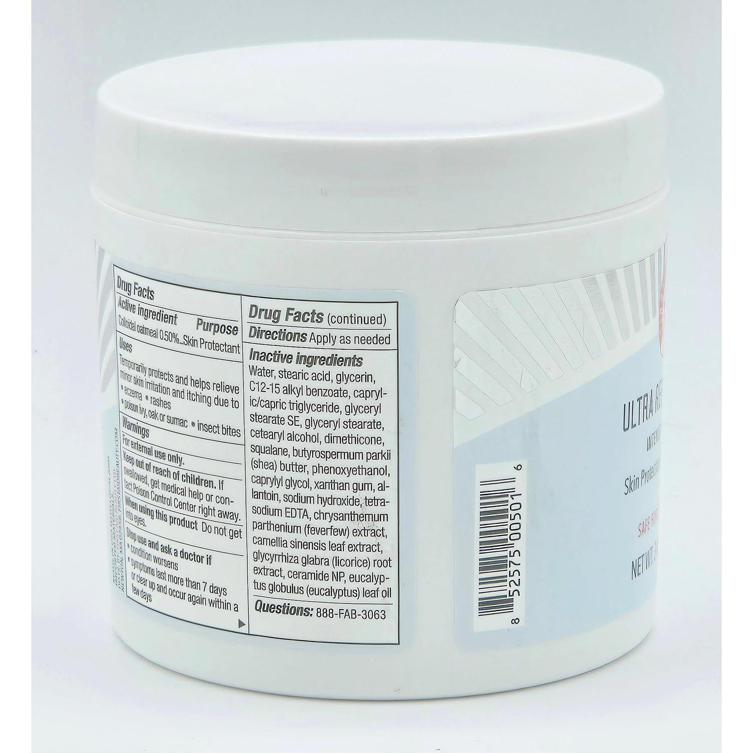 First Aid Beauty Ultra Repair Cream 12 oz jar, white with black text, showing drug facts and ingredients.