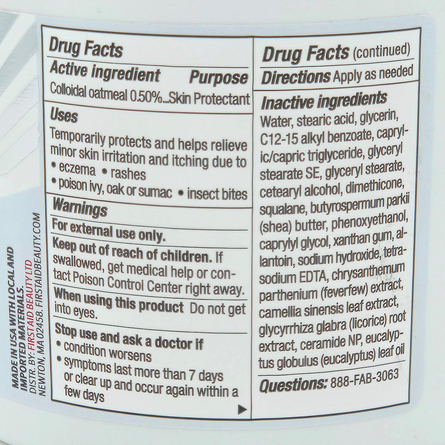 First Aid Beauty Ultra Repair Cream Skin Protectant 12 oz, white label with black text, "Drug Facts" and ingredients.
