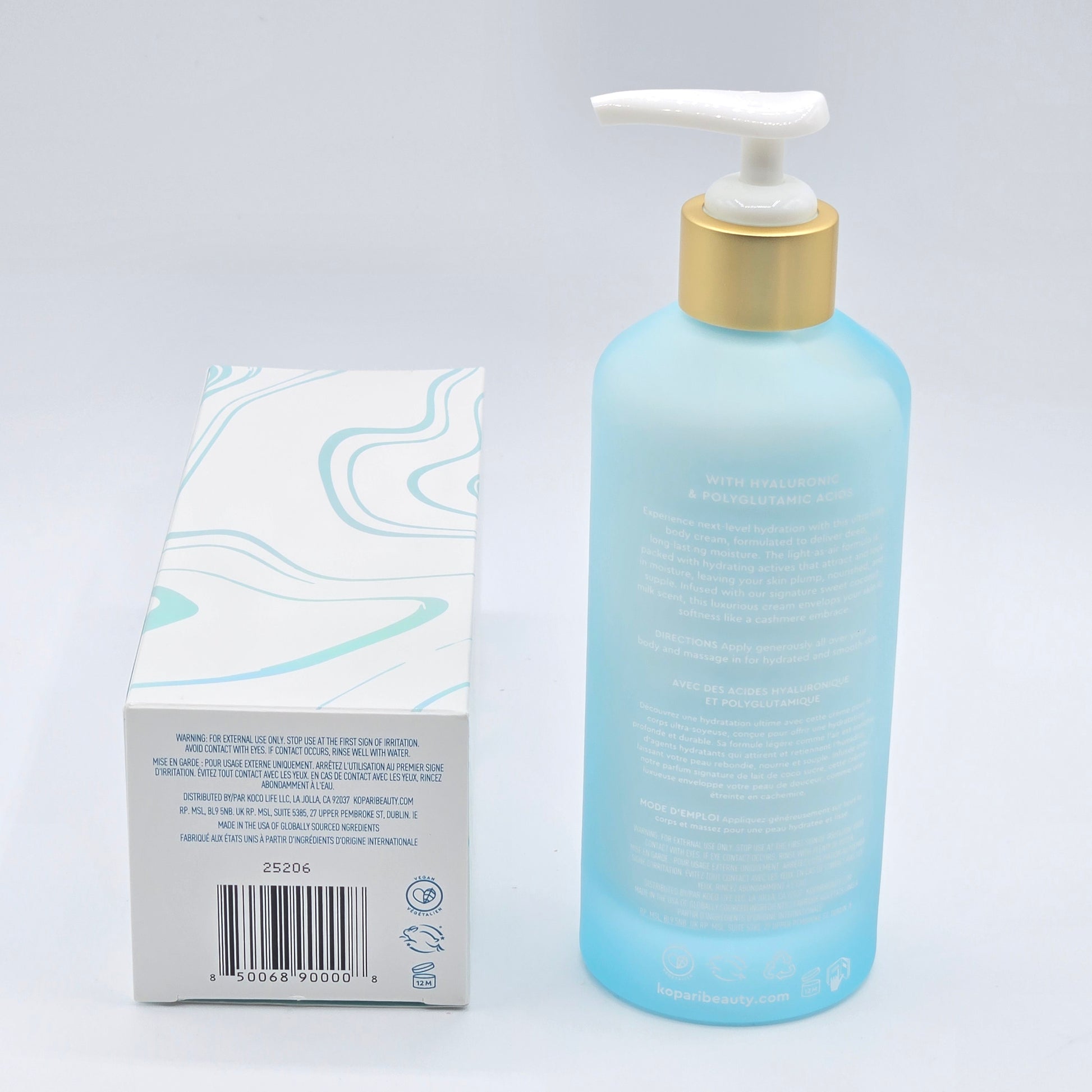 Kopari Hydrating Silk Body Cream, 6.6 fl oz, in a light blue pump bottle with a white and blue patterned box.