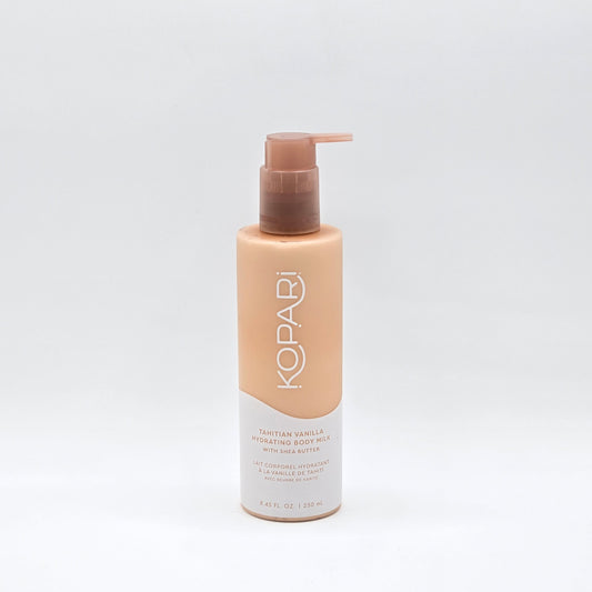 Kopari Tahitian Vanilla Hydrating Body Milk, 8.45 fl oz, in a peach-colored pump bottle.