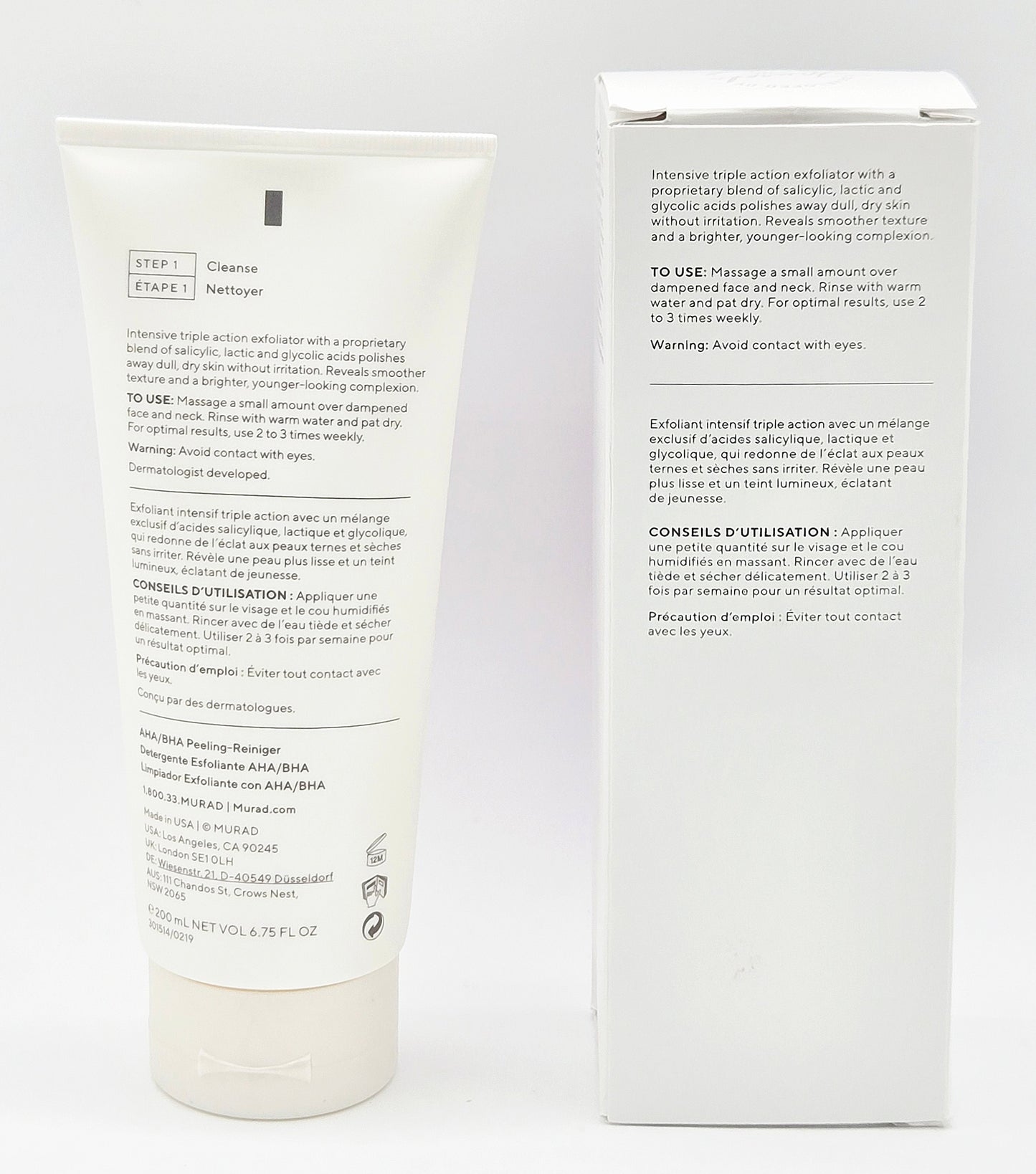 Skincare product packaging with label and box on a white background