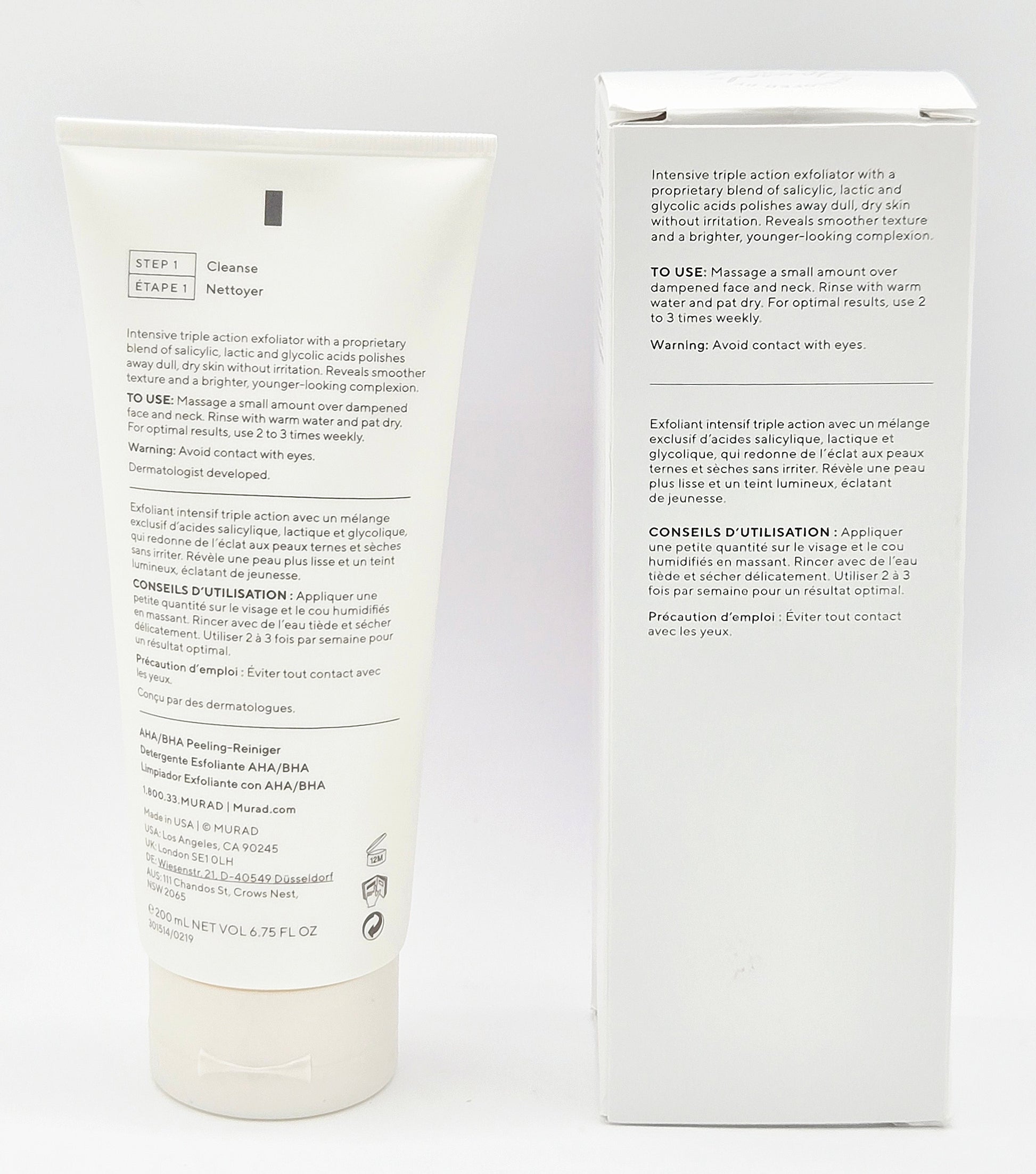 Skincare product packaging with label and box on a white background