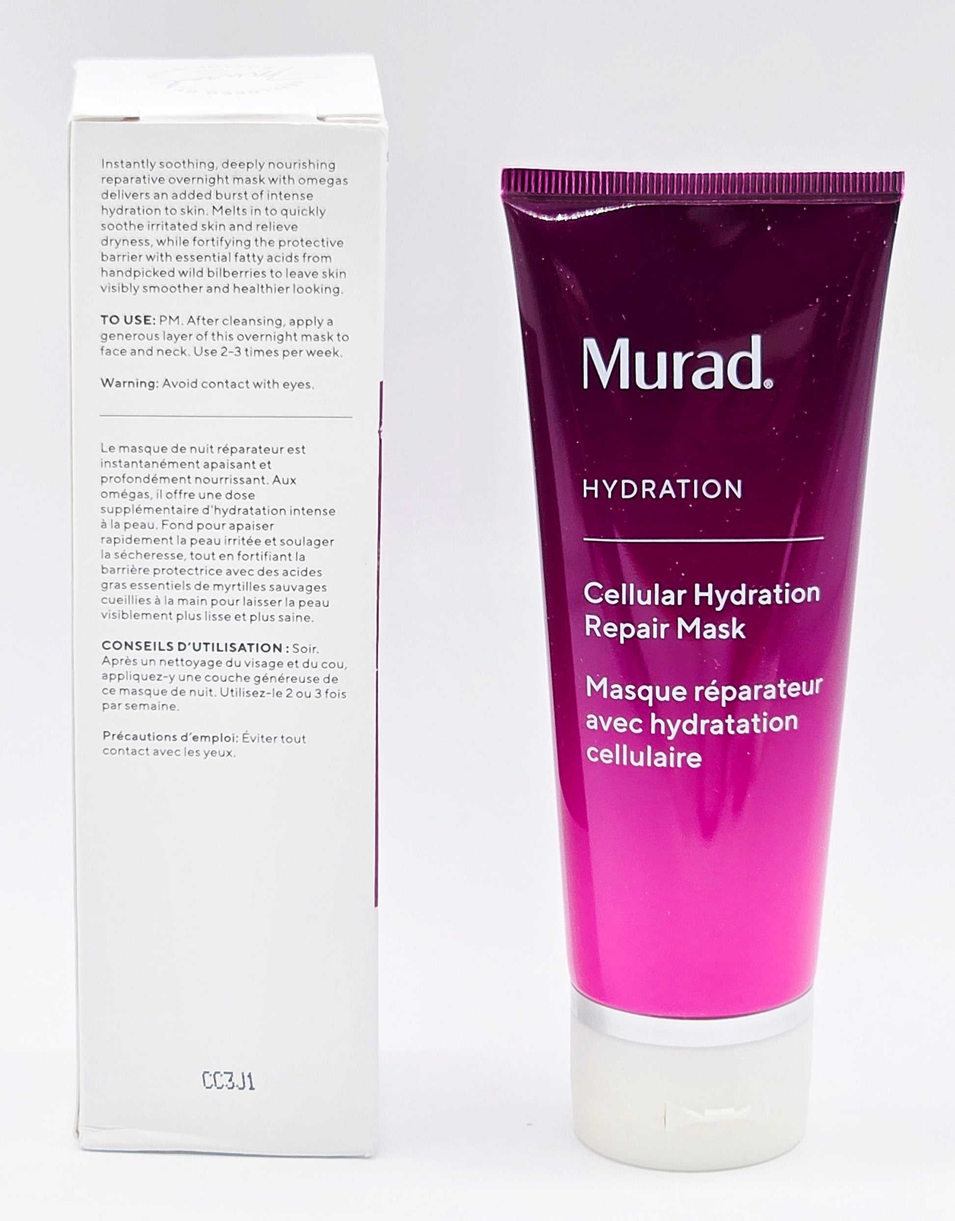 Purple Murad cellular hydration repair mask with packaging on a white background