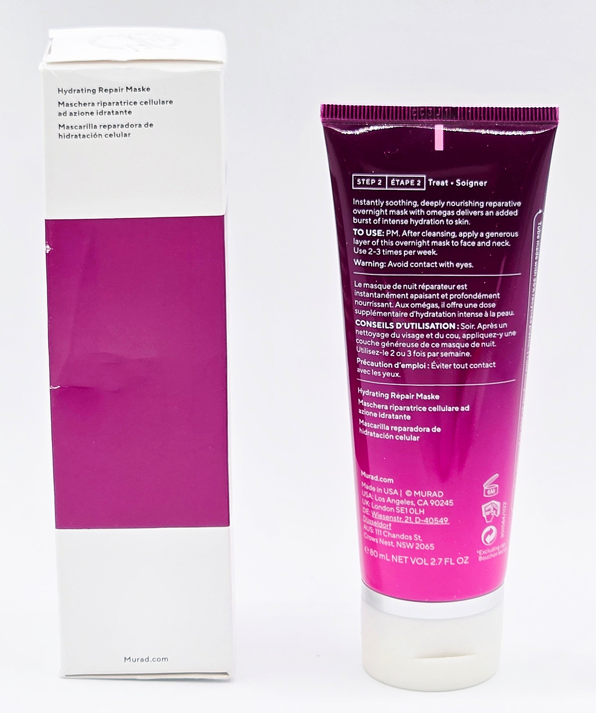 Hydrating repair mask packaging with purple and white design on a light gray background
