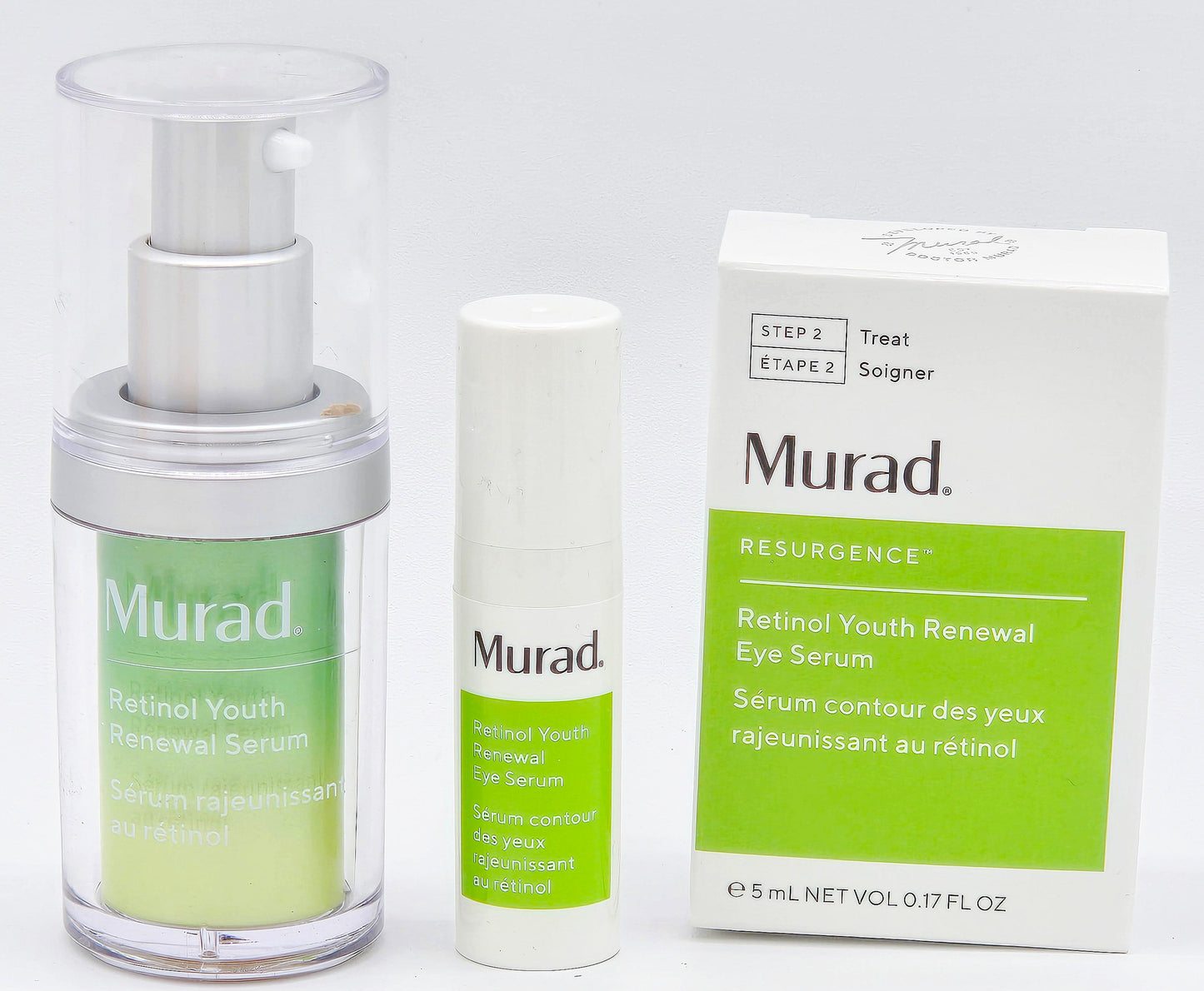 Murad skincare products including a serum, eye serum, and packaging on a white background