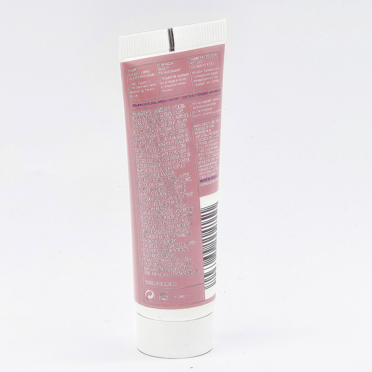 Korres Wild Rose Sleeping Facial rear label with ingredients, directions and 6M PAO