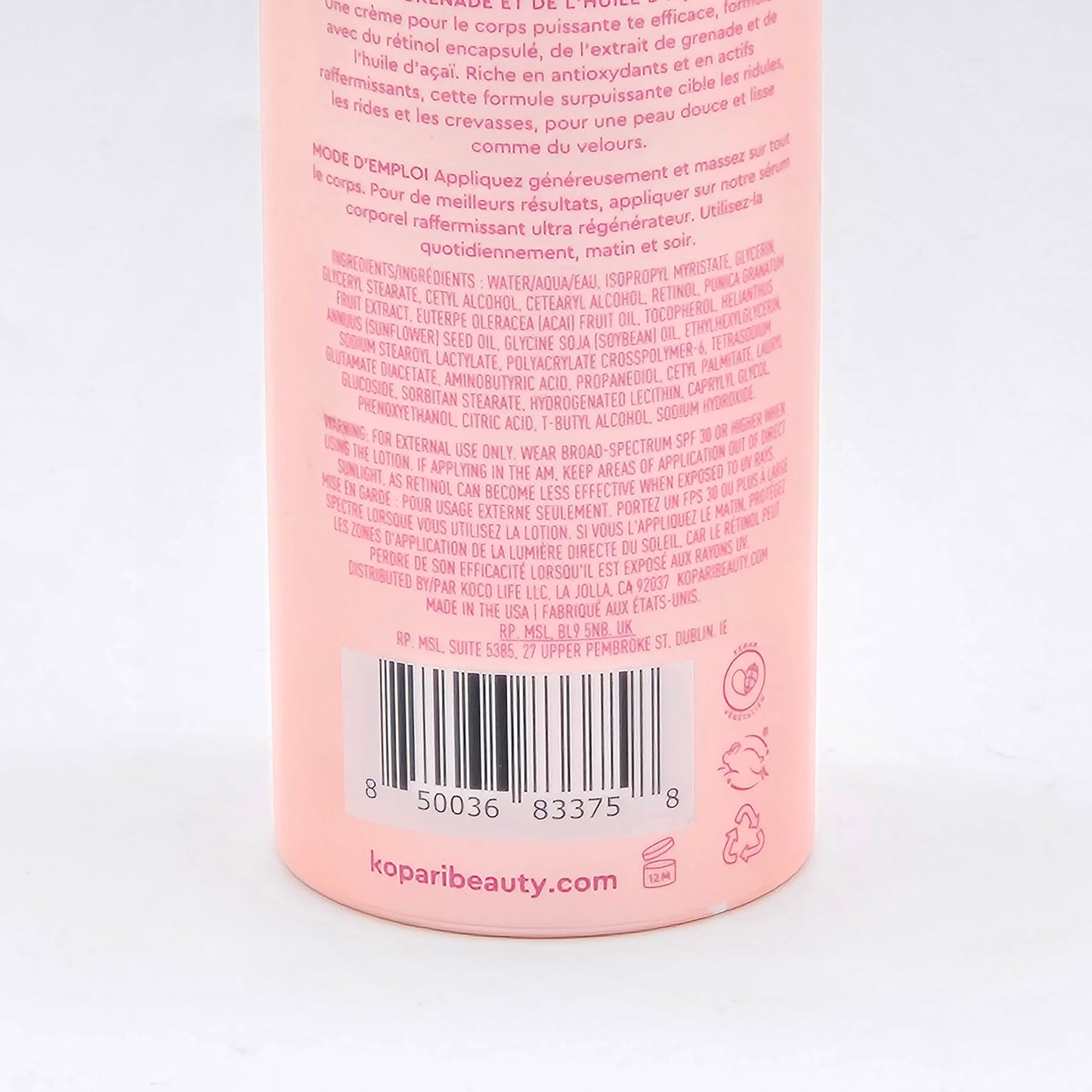 Kopari Ultra Renewal Retinol Body Cream, 4.7 fl oz, in a light pink bottle with white text and barcode.