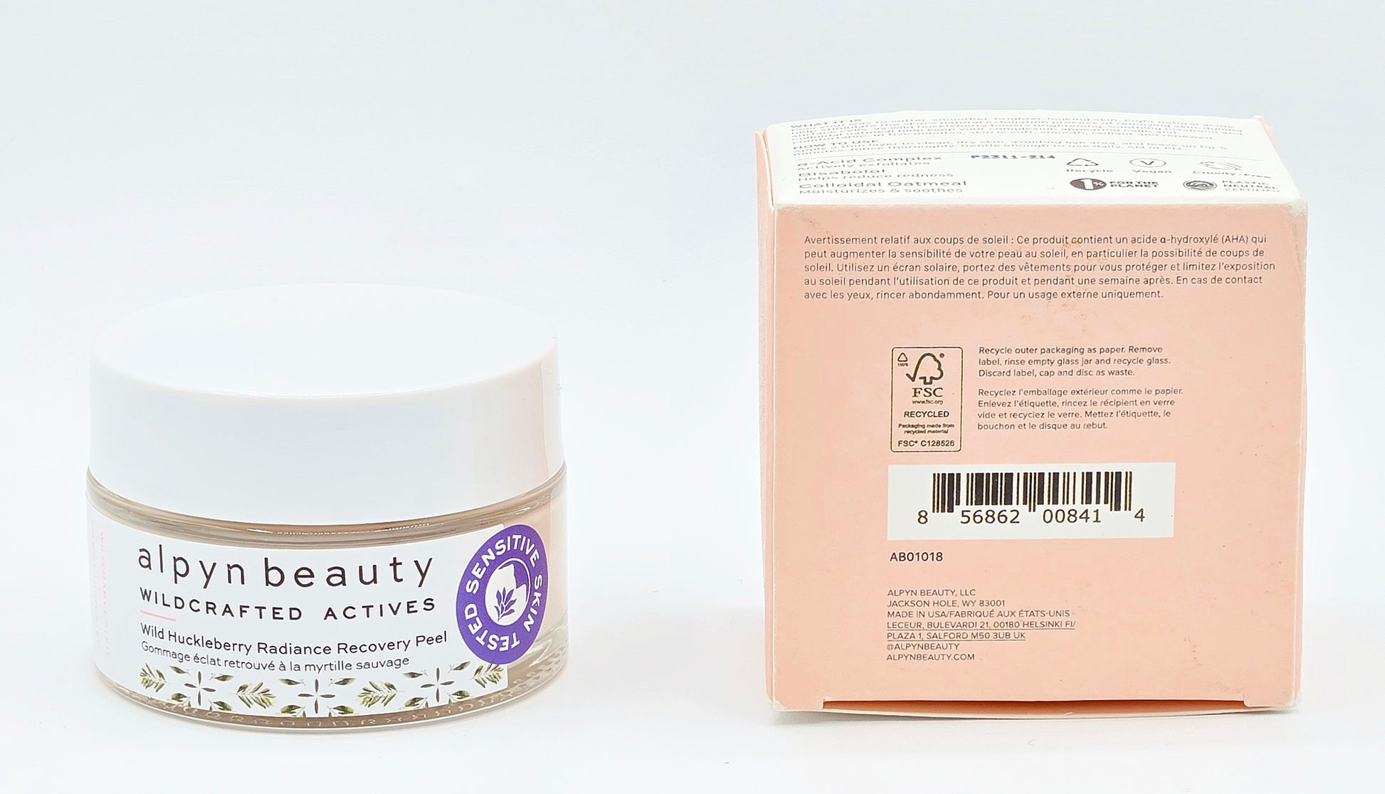 Alpyn Beauty peel jar front with box UPC, batch and certification rear panel