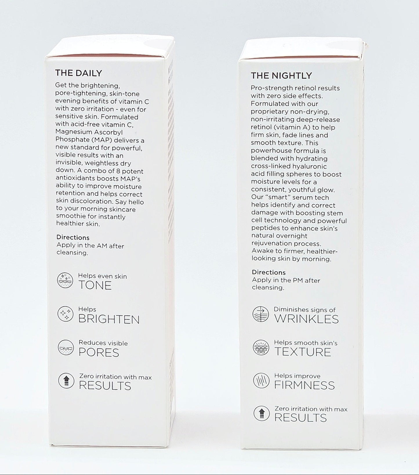 Two skincare product boxes labeled 'The Daily' & 'The Nightly' on a light gray background.