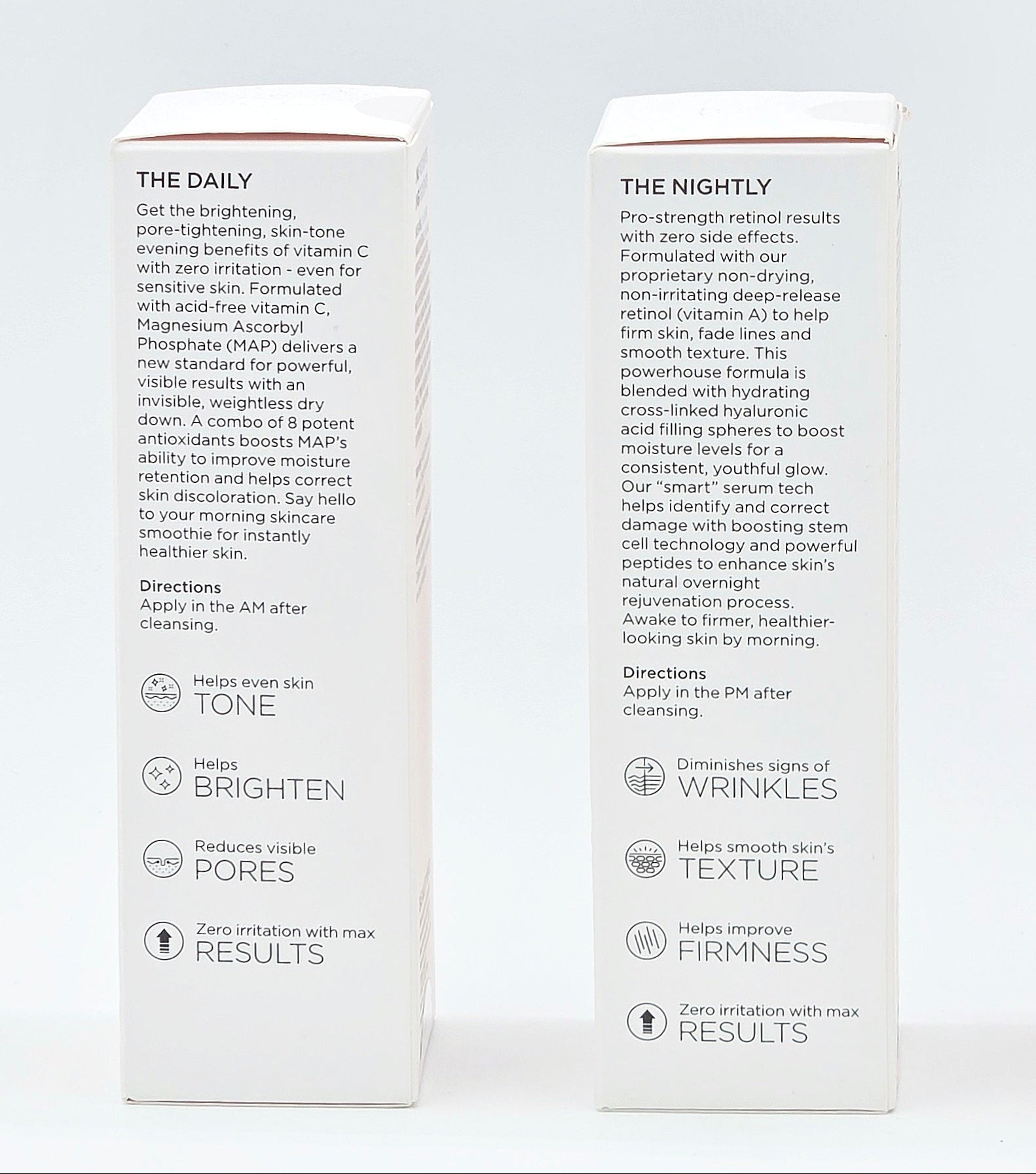 Two skincare product boxes labeled 'The Daily' & 'The Nightly' on a light gray background.
