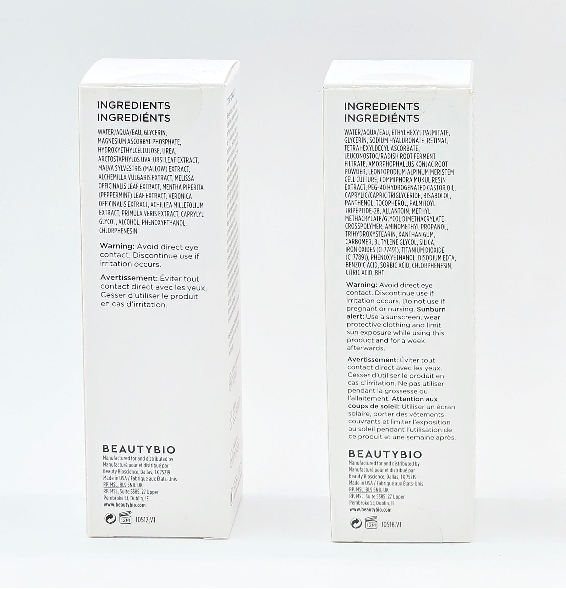 Two BeautyBio product boxes with ingredient lists on a white background