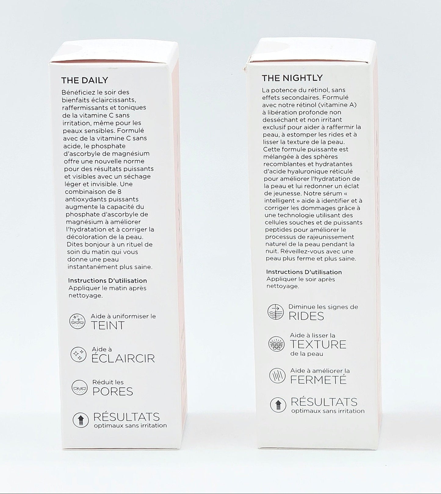 Two skincare product boxes labeled 'The Daily' & 'The Nightly' on a white background.