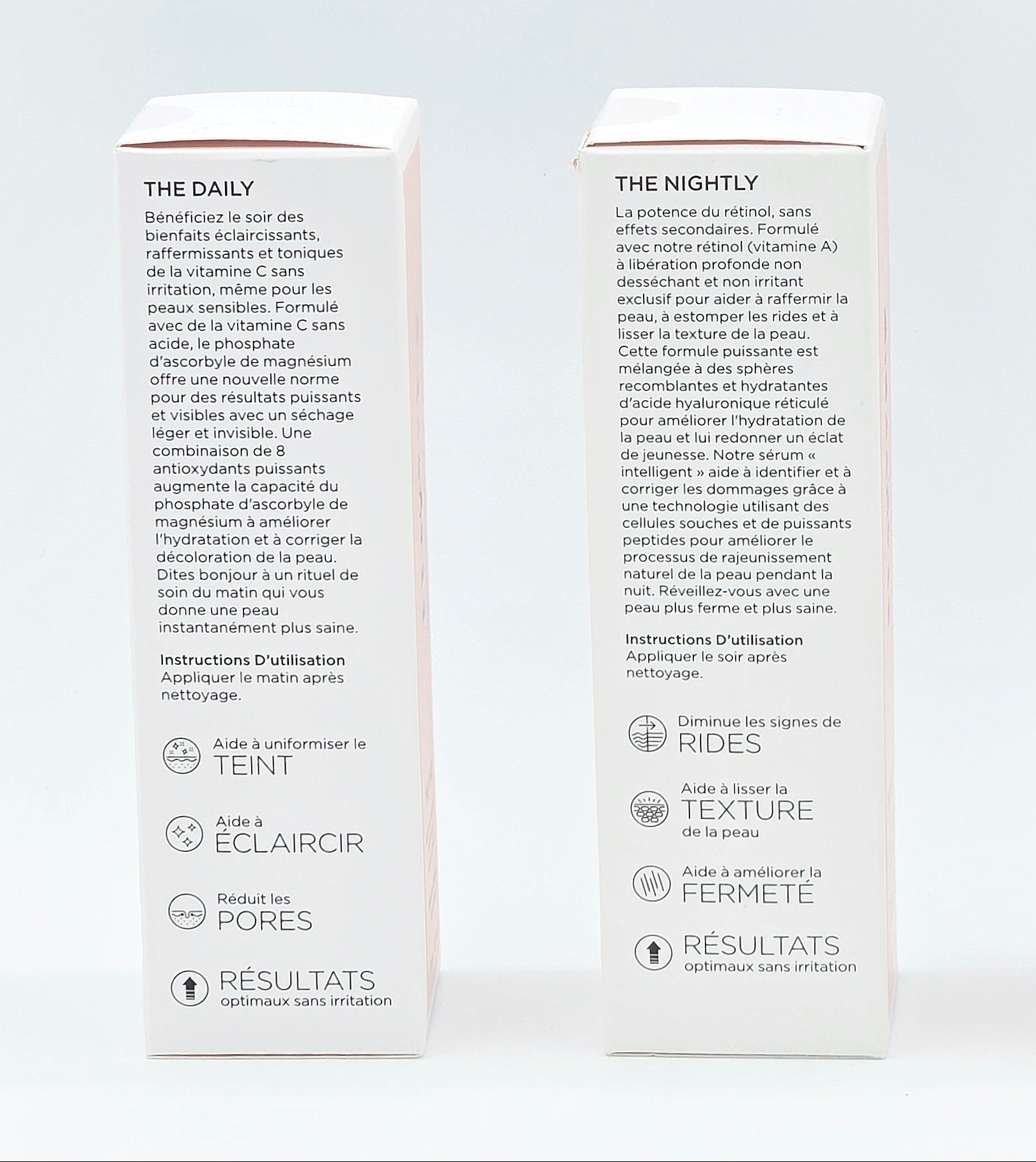 Two skincare product boxes labeled 'The Daily' & 'The Nightly' on a white background.