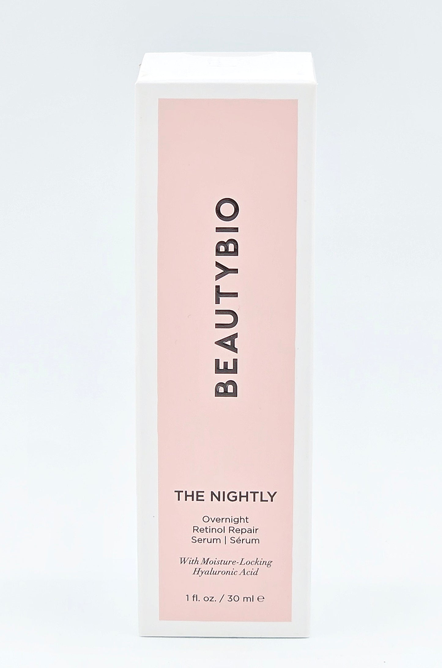 BeautyBio serum bottle on a light gray background