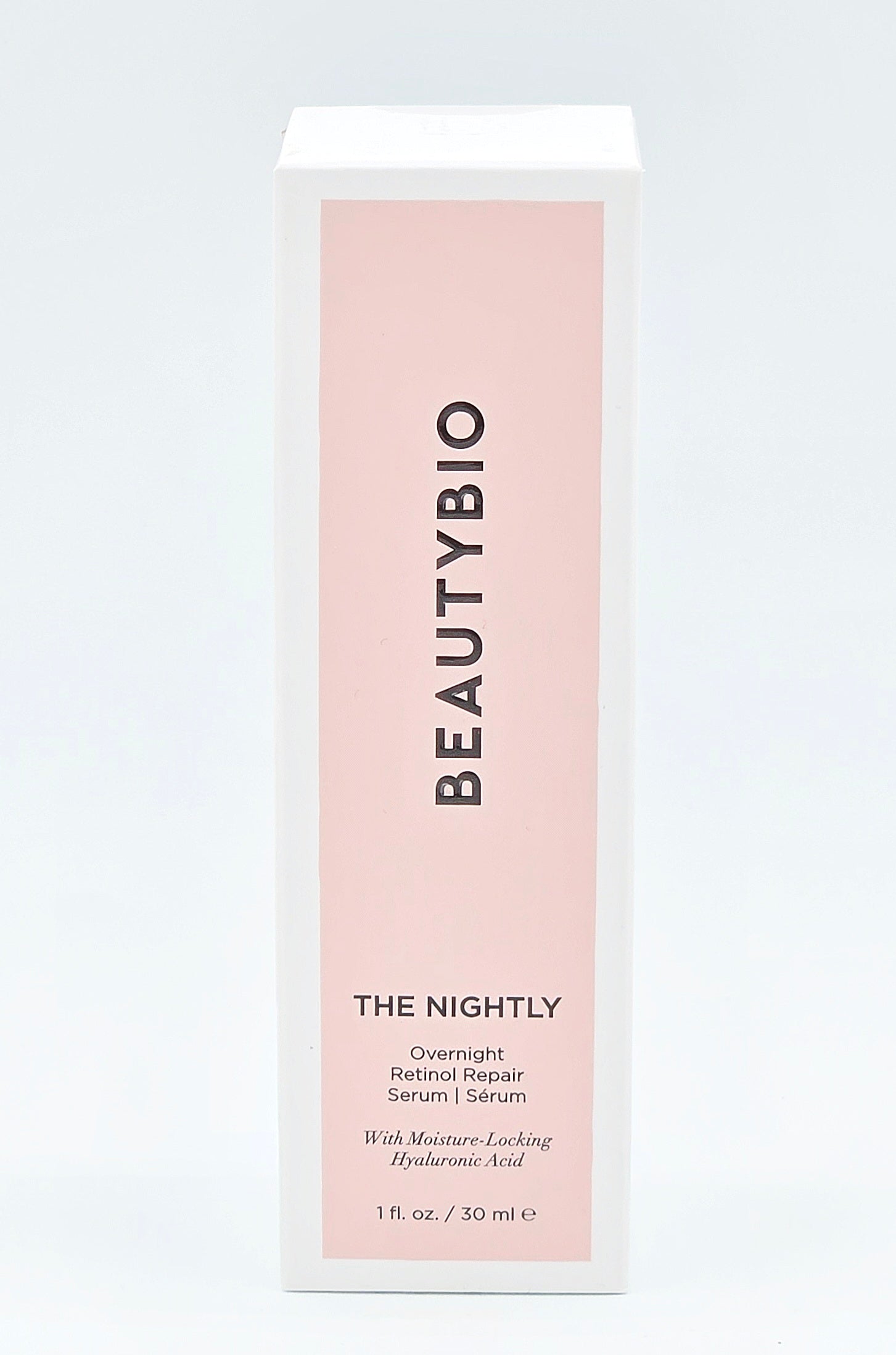 BeautyBio serum bottle on a light gray background
