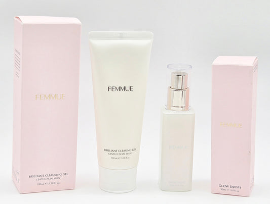 Femmue skincare products including a tube, bottle, and boxes on a white background