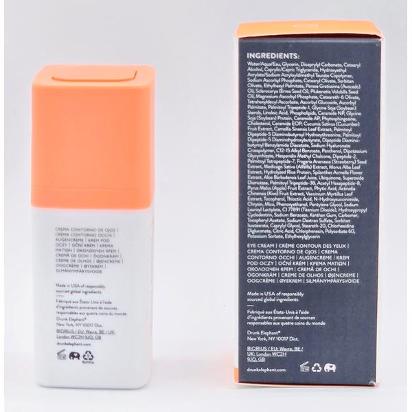 Drunk Elephant eye cream with an orange cap and white bottle, showing ingredients list on the box.