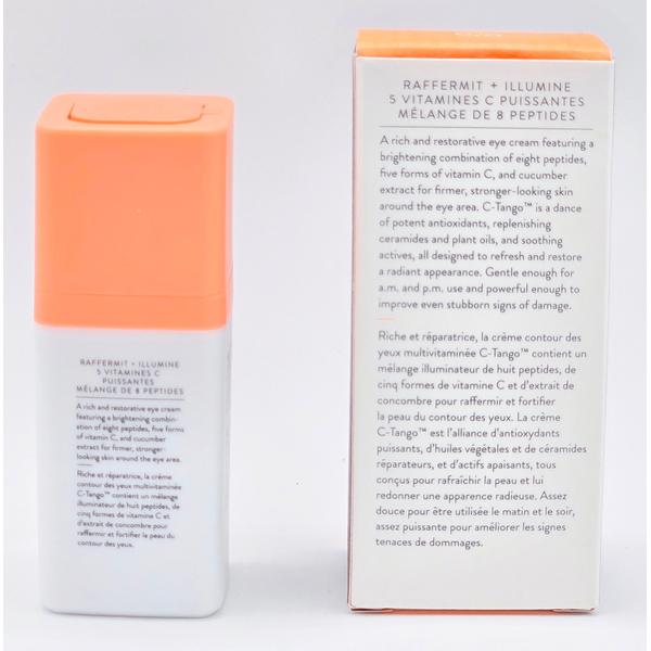 Drunk Elephant Raffermit + Illumine eye cream, white bottle with orange cap, next to its white and orange box with product details.