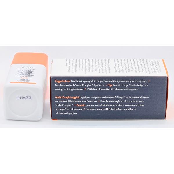 Drunk Elephant C-Tango eye cream in a white and orange pump bottle next to its open box with usage instructions.