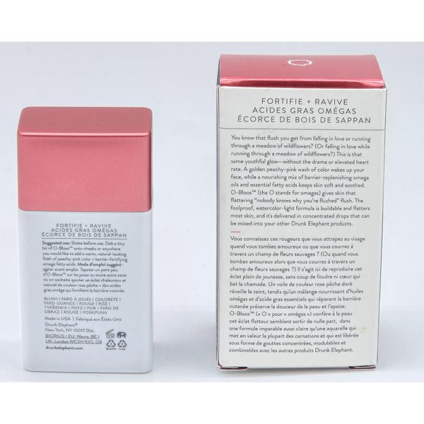 Drunk Elephant Fortifie + Ravive Acides Gras Omégas Écorce de Sappan, a white bottle with a rose gold cap.