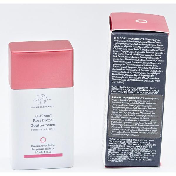 Drunk Elephant O-Bloos Rosi Drops, a white bottle with a rose gold cap, next to its open box showing ingredients.