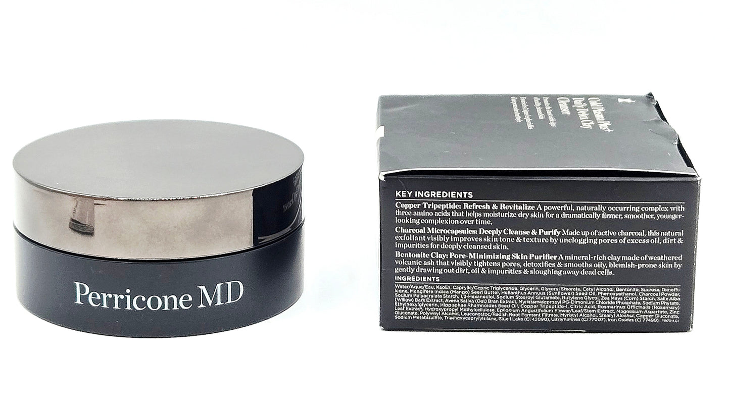 Perricone MD Daily Detox Clay Cleanser jar beside retail box showing key ingredients and full ingredient panel