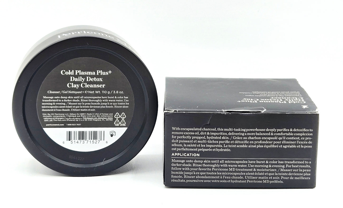 Perricone MD Daily Detox Clay Cleanser jar beside retail box showing application directions