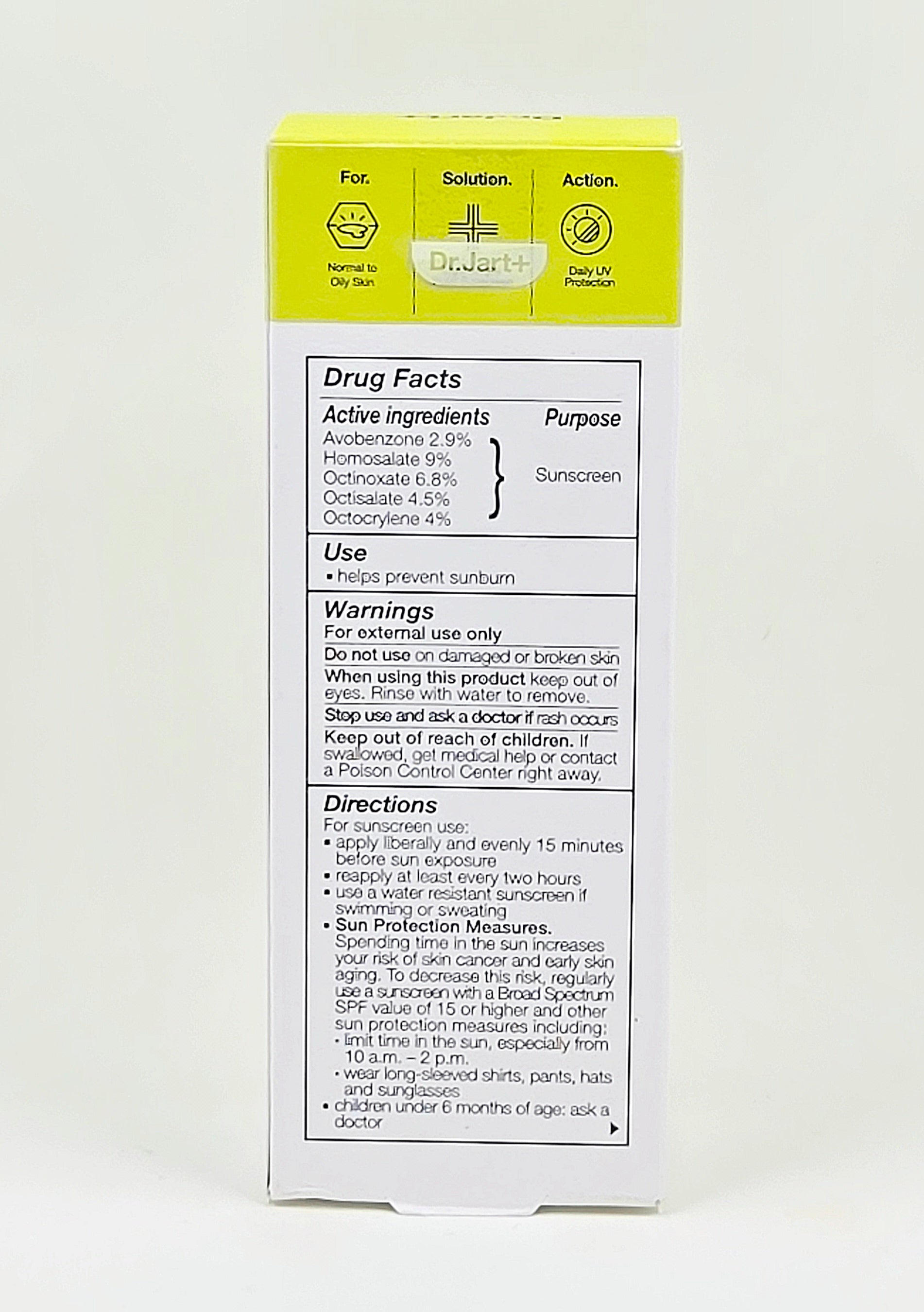 Dr. Jart+ Every Sun Day Sun Fluid SPF 50+ product and package detail on a white background.