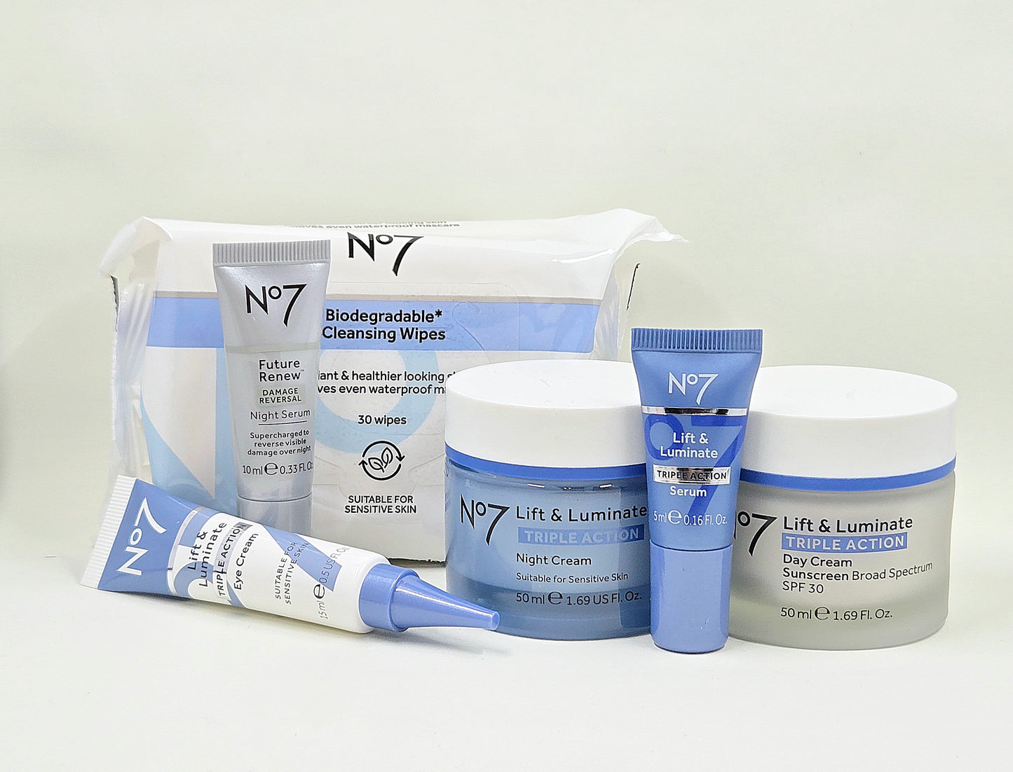 No7 Lift & Luminate six-piece skincare set with cleansing wipes, SPF 30 day cream, night cream, serum, eye cream, and Future Renew night serum